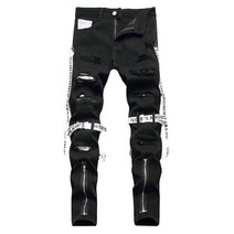 고급남성청바지 남성 펑크 지퍼 블랙 청바지 유행 Streetwear 구멍 찢어진 데님 바지 리본 슬림 스트레이트 바지