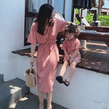 여름 모녀 편한 면 짧은 소매 엄마랑 딸 원피스 커플룩