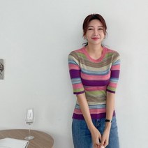 컬러풀 스트라이프 슬림 반팔 니트