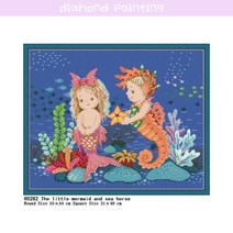 말 그림 돈나무 액자 인어 공주와 해마 전체 라운드/스퀘어 다이아몬드 페인트 패턴 초상화 모자이크 자수, 01 R0282_02 Round
