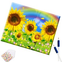 SHEXIU 3D 원형 보석십자수 캔버스액자 DIY 키트 50 x 40 cm, SX022  무지개 아래 해바라기 다섯 송이x1세트