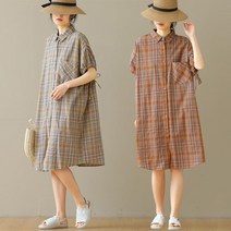 tagi 여성 칼라넥 면마 셔츠 원피스 빅사이즈 린넨 반팔 스커트