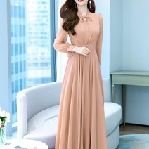 잇츠스타일 여성 데일리 프릴 리본넥 살구 컬러 엄마옷 중년 우아한 롱원피스