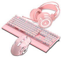 KEYXGSUL 유선 키보드 +마우스 세트 동기화 입력 RGB 다기능 노브 펑크 게임 기계 키보드, 핑크색 키보드+마우스+헤드폰, 백광, 청축