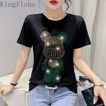 [Kingfishe]여성 블링 반짝이 티셔츠 큐빅 스팽글 반팔티 TuE801FEI801TX09