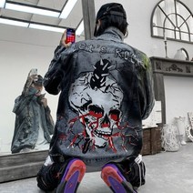 [해외] 오토바이 바이크 바이커 새로운 패션 하라주쿠 해골 레트로 록 빈티지 그레이 데님 재킷 남성 남자 친구 펑크 운동복 sudadera streetwear 카우보이 힙합