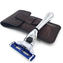 Parker Safety Razors 크롬 핸들 여행용 마하 3 면도기 - 정품 가죽 케이스 포함, 단색, 한지
