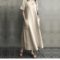 [바니드] 여성 V넥 라인 면 마 원피스 롱원피스 0585