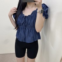 VANANA2 여성 러블리 리본 데님 퍼프 플레어 블라우스 2color