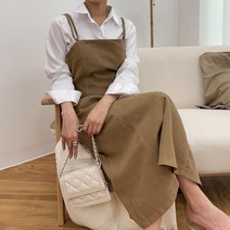 스티치 스웨이드 뷔스티에 A라인 허리끈 멜빵 원피스