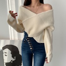 오프 숄더 니트 스웨터 크로스 오픈숄더