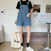 따봉오빠 여성 포켓 포인트 데님 멜빵 반바지 블루(DB454)