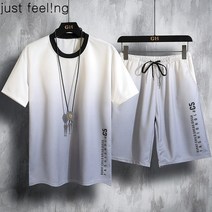 JUST FEEL!NG 남성 여름 아이스 냉감 반팔 티셔츠 +반바지 상하의 트레이닝 스포츠 투피스 세트