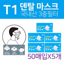 T-1 국산100% 3중필터 덴탈마스크 50매 X 5개 총250매, 화이트