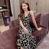 Ogfaour 2021 신상품 고급 여성 봄 여름 롱 쉬폰 잔 꽃무늬 원피스 끈나시 드레스 결혼식하객 487