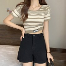 봄코디 스트라이프 반팔 티셔츠 여성 여름 디자인 센스 작은 어깨 니트 뜨거운 소녀 짧은 카키색 허리 탑