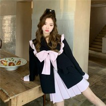 블랙핑크 프릴 빅카라 자켓 플리츠미니스커트 왕리본 러블리 투피스 세트