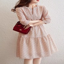 여성 러블리한 나들이 기본핏 미니 7부 무지 라운드넥 폴리에스테르 원피스 빅사이즈