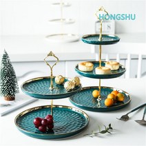 유럽 스타일 홈 파티 2단 3단 디저트 접시 Esyuse 증정, 그린 2층 소형