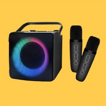 블루투스 노래방 듀얼 마이크 스피커 가정용 휴대용 캠핑용 미니 노래방 기계 기기 반주기 엠프+매직 미러볼, 블랙