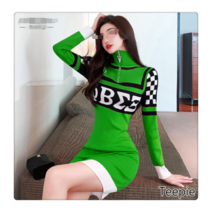 티피/Teepie 니트 드레스 여성용 슬림 스탠드 칼라 지퍼 레터 프린트 미디 길이 바닥 스커트