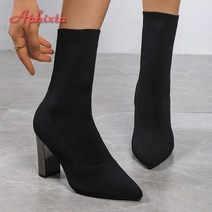 롱패딩부츠 사뿐부츠 통부츠 Aphixta 메탈 컬러 7cm 스퀘어 힐 양말 부츠 여성 빅 사이즈 43 스트레치 패브