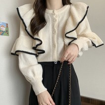 루즈핏 배색 프릴 니트 가디건 W188