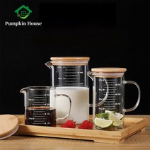 유리 측정 컵 붕규산 측정 컵 손잡이와 대나무 뚜껑이있는 내열성 비커 대용량 Mohr, 500ml, 500ml