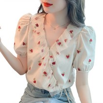 2022년 프랑스식 장미꽃 자수 브이넥 블라우스 여성 디자인감