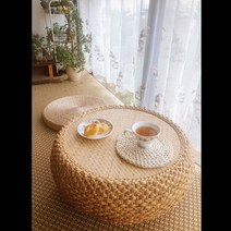 이에스 라탄 친환경 창가 티테이블 좌식 커피 테이블 손님 접대 테이블 원형, 지름50cm,두께6cm, 방석2개