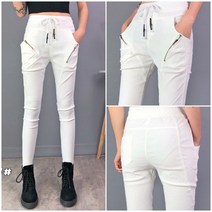 더블화이트 2023 봄 여성 스판 밴딩 배기 팬츠 여자 빅사이즈 편한 인생 캐릭터 흰색 9부 흰 긴 바지