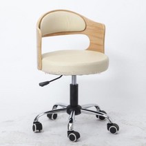WARM원형 회전의자 바퀴달린의자 우드 등받이 미니 사무용 책상의자 미용 독서실, 원목 베이지 가죽