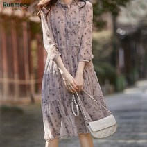 런메시Runmecy 봄 가을 원피스 빈티지 플라워 원피스 롱 원피스
