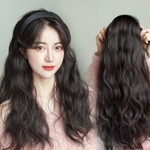 하이유니 심플 블랙 히피 펌 머리띠 긴머리 붙임 머리 피스 부분 가발, 브라운블랙, 1개