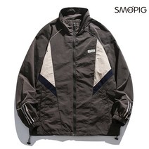 SMOPIG 남자 가을 오버핏 카고 빈티지 하이넥 패치 방수 방풍 점퍼 코트