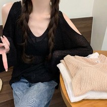 브이넥 수입 오프숄더 그물 니트 티 루즈핏 여성 베이지 블랙 스웨터 오버핏 SY