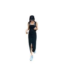 하이웨이스트 앞트임 스커트 데님 멜빵 롱 스커트 스퀘어 칼라 루즈핏 빈티지 슬림 나시 원피스 포켓있고 얇은 치마 무릎 넘기는 A라인 스커트 캐주얼 여성 봄여름가을 앞트임 데님원피스
