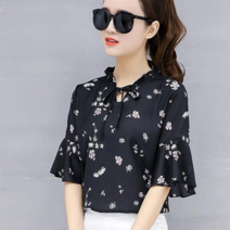 패션디바 1454-1 여성 여름 반팔 쉬폰 꽃무늬 여름꽃 프릴 블라우스
