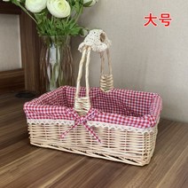 우드 도트 피크닉 물과일 꽃바구니 등나무라탄 전원 수납바구니 카메라 2897502263, 원목색 레드 칸 천 큰사이즈