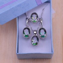 신부주얼리세트 반지 목걸이 귀걸이 팔찌 세트 여성용 실버 컬러 주얼리 타원형 펜던트 및 예쁜 큐빅 지르코니아 신부용