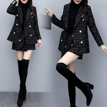 FANSYLI 여성 모직 체크 정장 반바지 슈트 캐쥬얼 투피스 W2T6