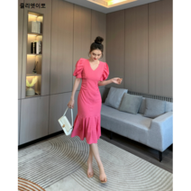 줄리엣이뽀 썸머 시원 소재 쨍한 컬러의 복고풍 인어 롱 원피스 KJK-3650