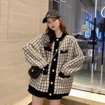 안나리야 오버핏 빅사이즈 체크 트위드 배색 니트 가디건 SY