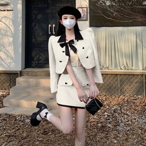 PINKFUL 고급스러운 숏 슬림 리본 트위드 자켓 미니스커트 투피스 세트