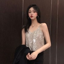 반짝이의상 탱크 캐미 여성 스팽글 스트랩 메탈릭 컬러 블링 괜찮은 클럽웨어 탑 오프 숄더 패션 브이넥