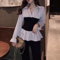 SAMARA 블라우스 가을 V넥 배색 밴딩허리 셔츠 데일리룩