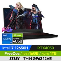 [사은품 증정!] MSI THIN GF63 12VE i7 가성비 고사양 배그 롤 오버워치 로아 발로란트 12세대 15인치 게이밍 노트북 (코어i7-12650H/RTX4050), 블랙, 코어i7, 1TB, 16GB, 윈도우 미포함