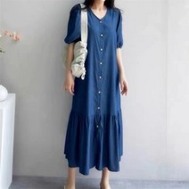 춘게엘 ( 55~66 ) 퍼프소매 데님 브이넥 롱원피스 ghp025
