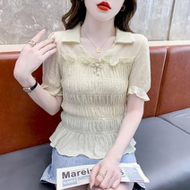 여름 프릴 골프 셔츠 테니스 넥 블라우스 여 셔링 허리 조임 날씬해 보이는 기질 스커트 밑단