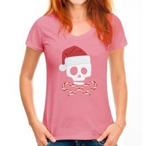 크리스마스 해골과 십자가 사탕 지팡이 산타 블랙 소프트 주니어 티셔츠 탑 레트로 O 넥 티셔츠, WoMen Deep pink_XS